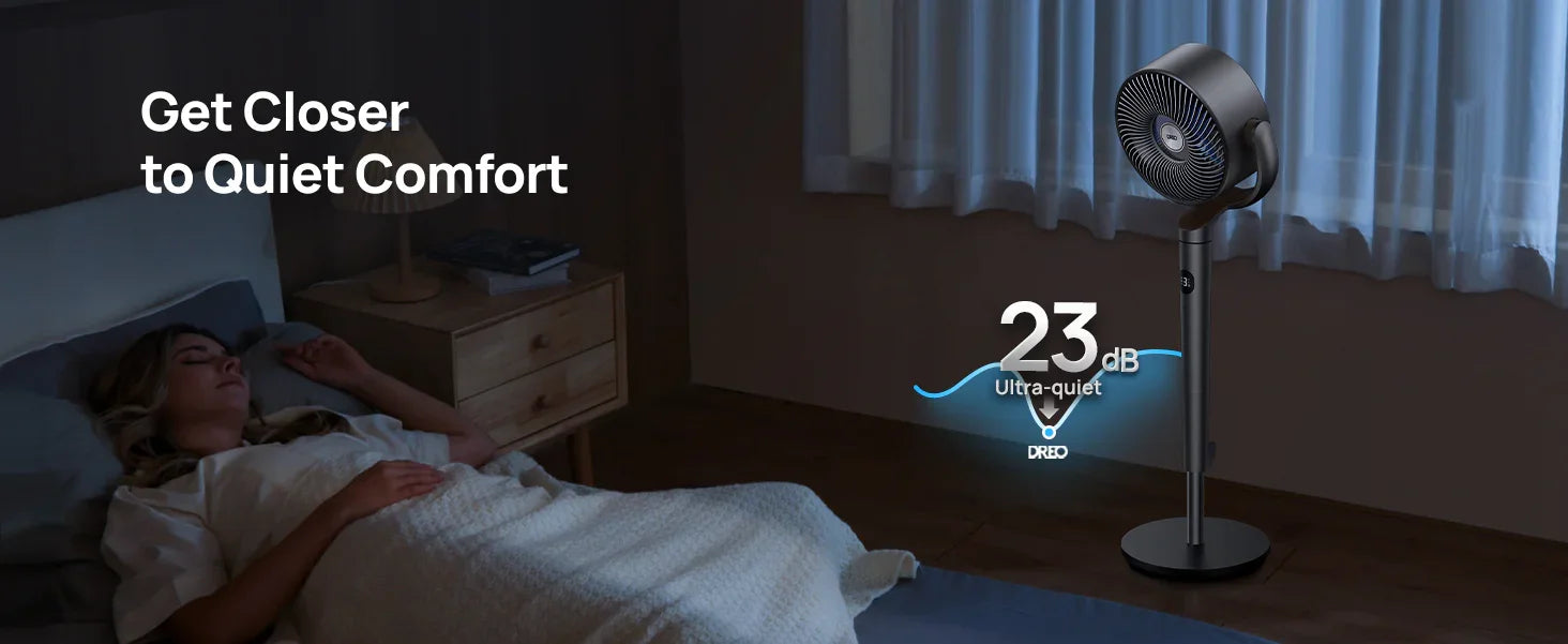 Woman sleeping in bed with a fan labeled '23 dB Ultra-quiet