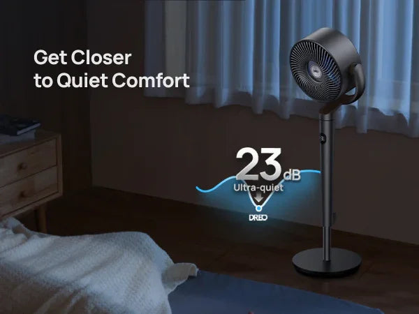 Stand fan in a bedroom with 'Get Closer to Quiet Comfort' text and '23 dB Ultra-quiet' label.
