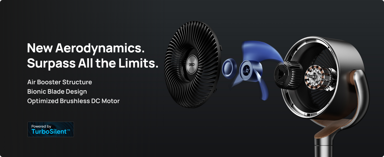 TurboBlade air blower with text on new aerodynamics and features against a dark background