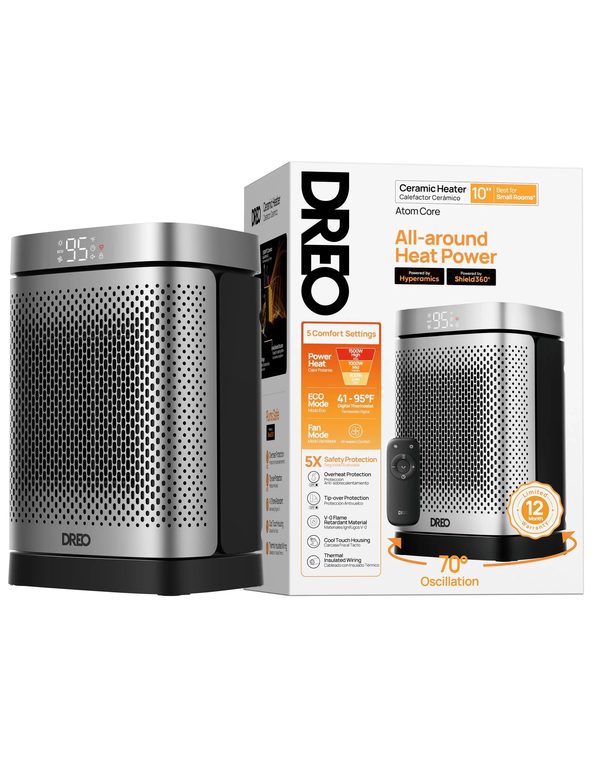 DREO Atom Core Oscillating Tabletop Space Heater with Remote - DREO