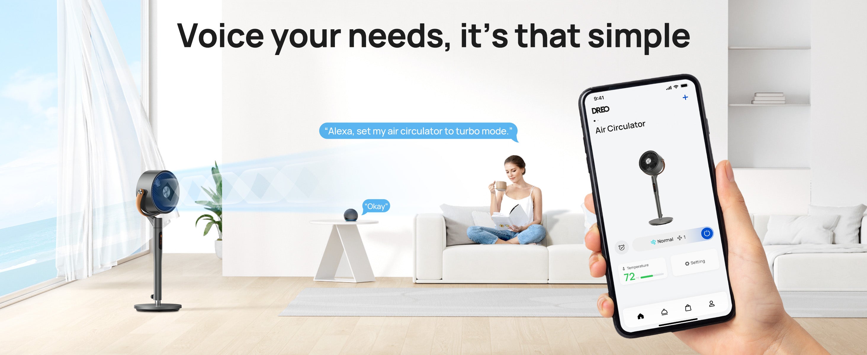 Smart air circulation device with smartphone app control in a living room setting.
