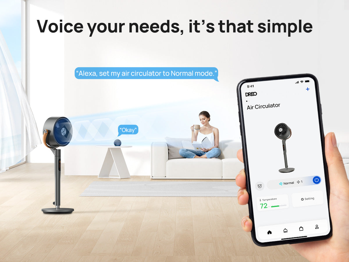 Smart air circulation device with smartphone app control in a living room setting.