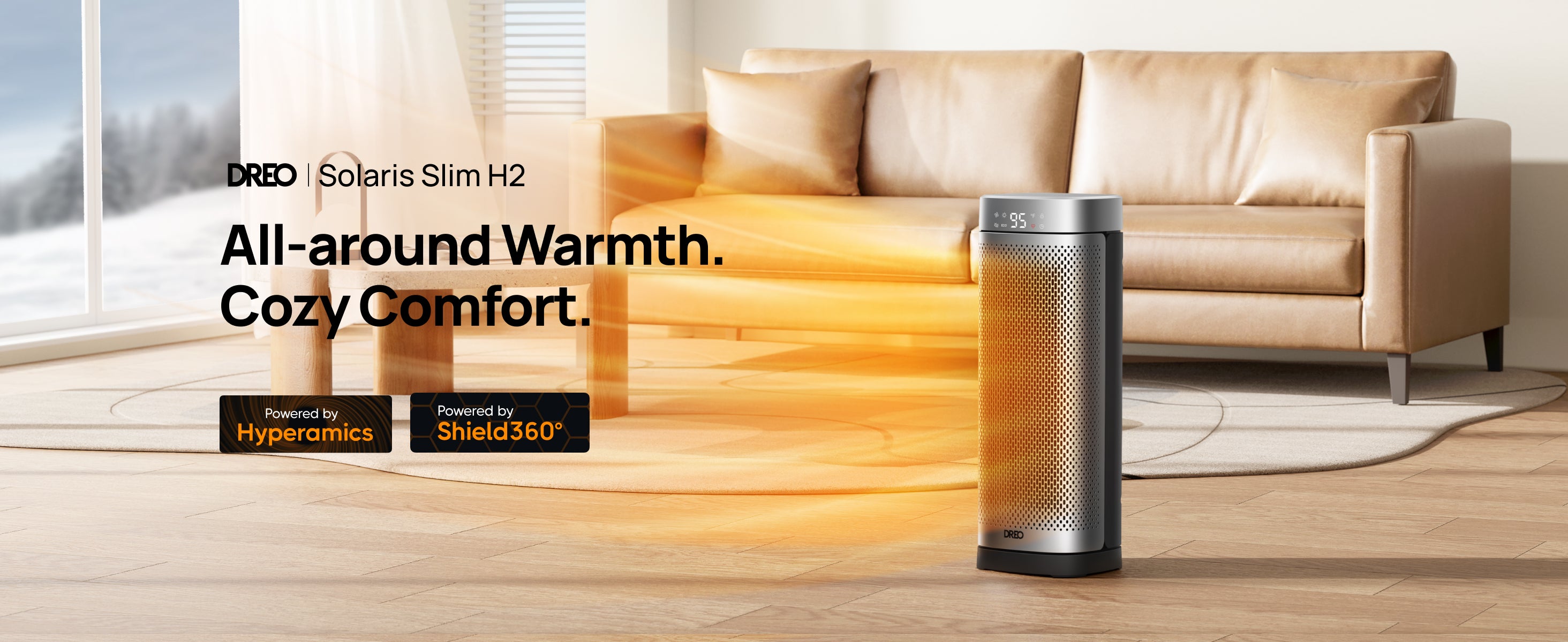 Portable heater emitting warmth in a living room setting with a sofa and window.