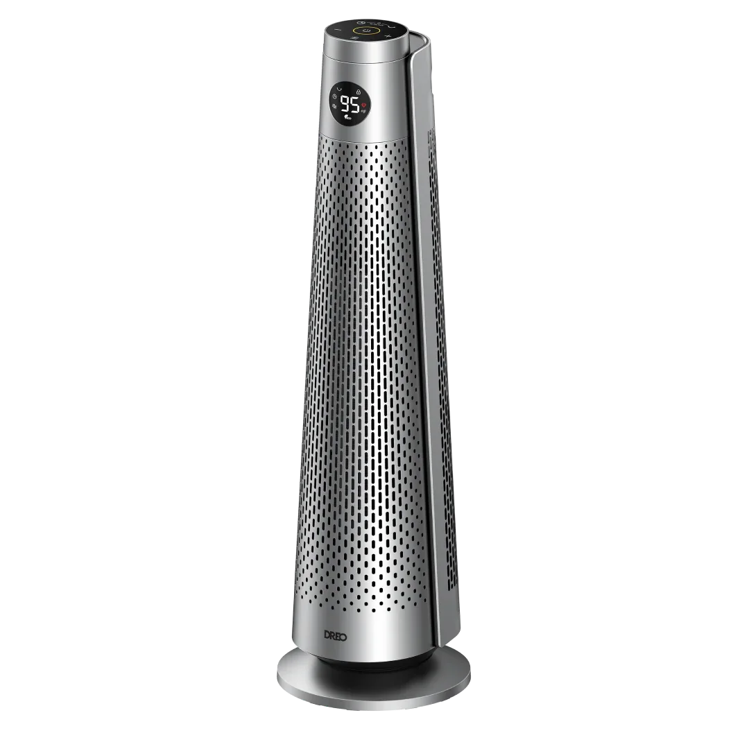Tall silver tower air purifier on a white background