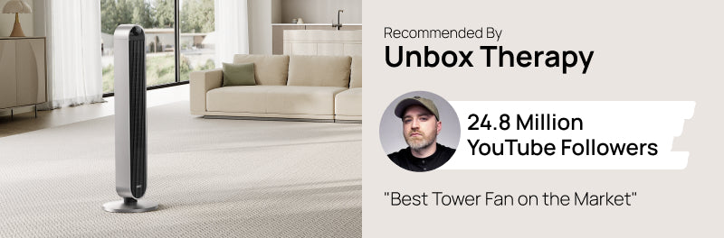 Tower fan in a modern living room with branding text overlay