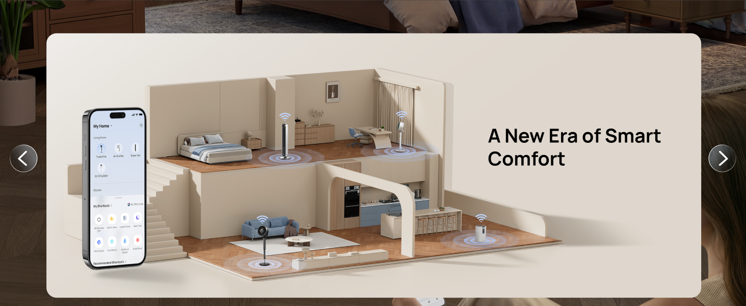 Smart home control interface with smartphone app and room layout, labeled 'A New Era of Smart Comfort'.