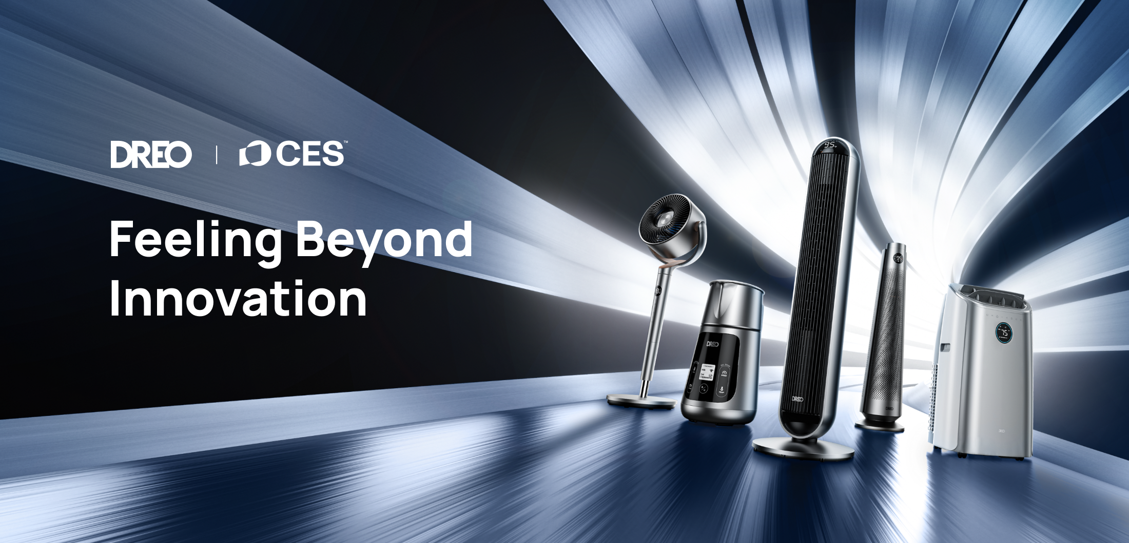 Dreo and CES technology products on a reflective surface with a dynamic background