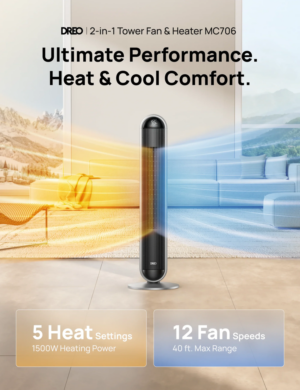 DREO Tower Heater Fan 706 Heat & Cool Switch Silver, Fast 29.2ft/s Wind ...