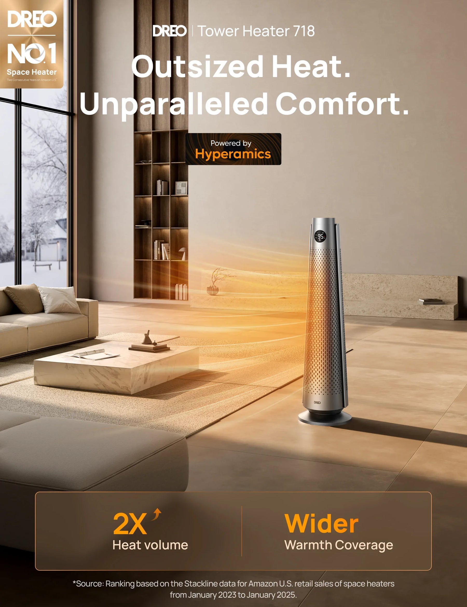 DREO Tower Heater 718 Silver, 300 sq.ft. Large Heating Coverage, 120 ...
