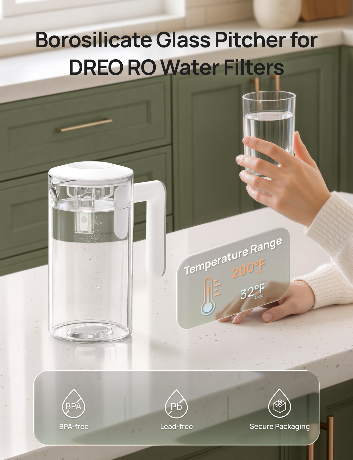 DREO RO Autofill Glass Pitcher for Water Filter 112(S)/113(S)/114(S)/115(S)