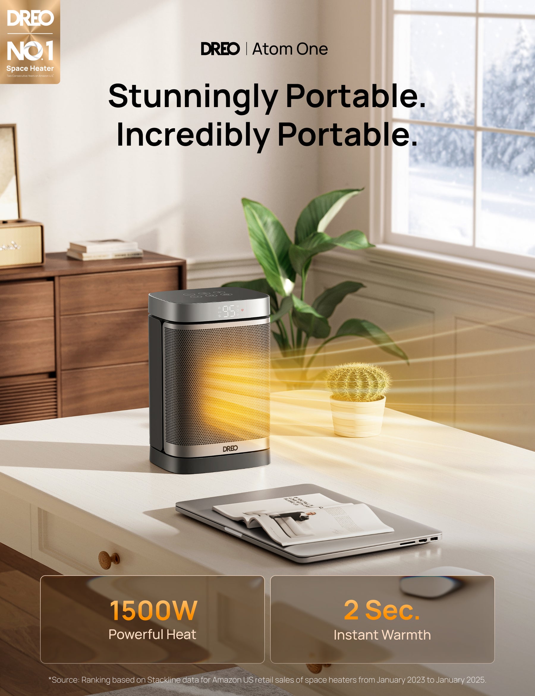 DREO Portable Heater Atom One Table Top Silver, Tip-over Protection, 2s ...