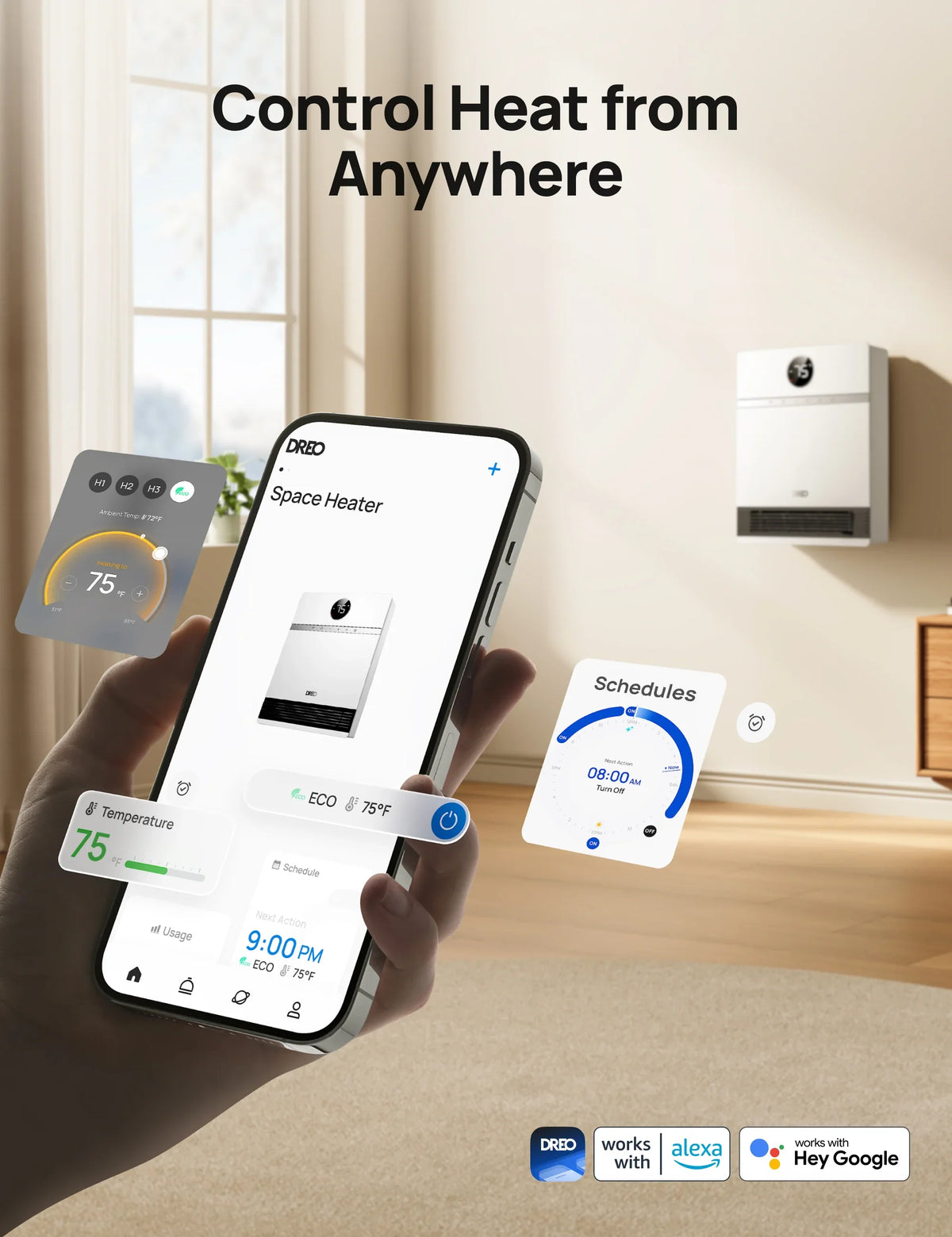 DREO Smart Wall-mounted Heater 517S White, Room-saving 12.2