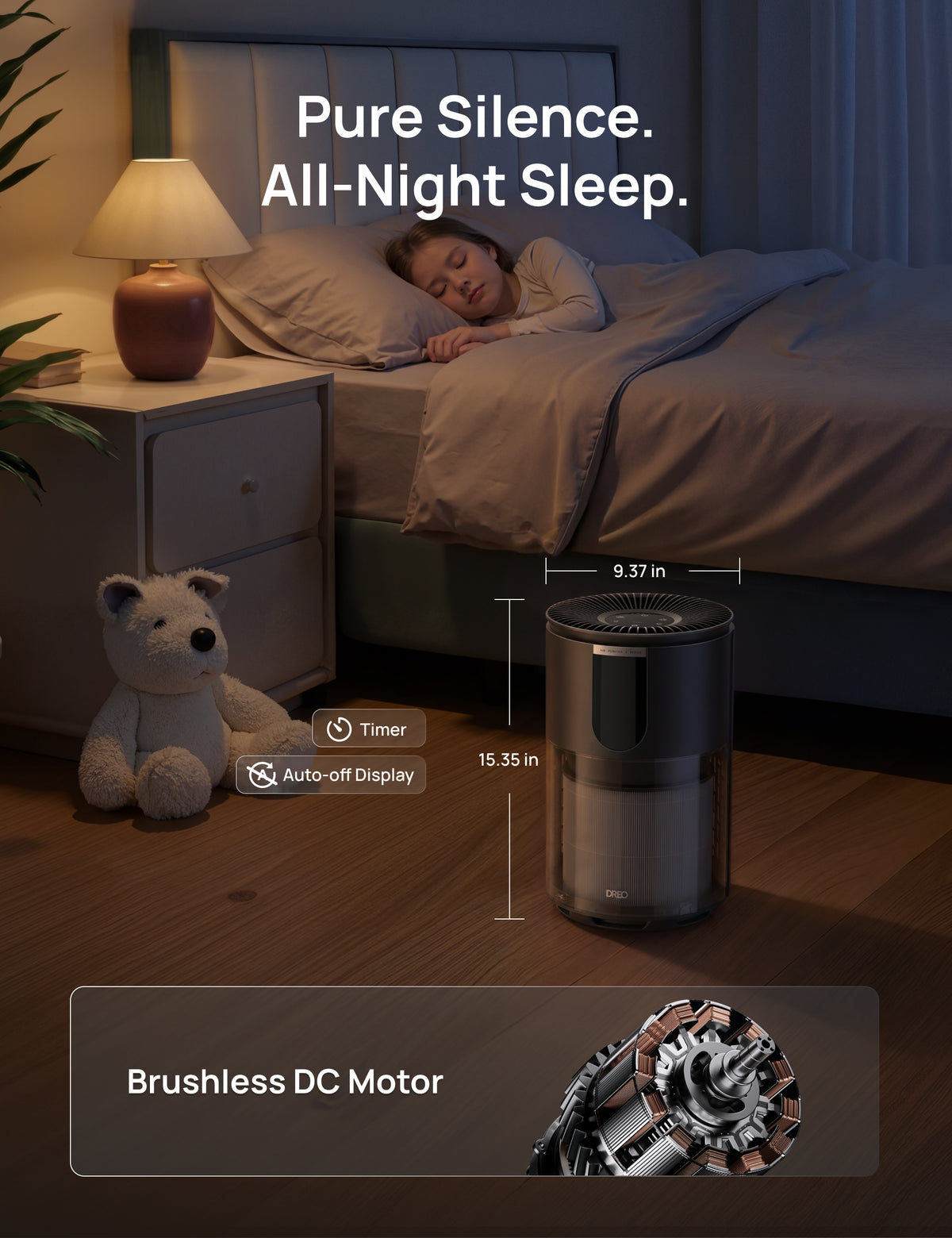 A bedroom scene at night showing a sleeping girl in bed, a bedside lamp, a plush toy, and a DREO Air Purifier 539 on the floor.